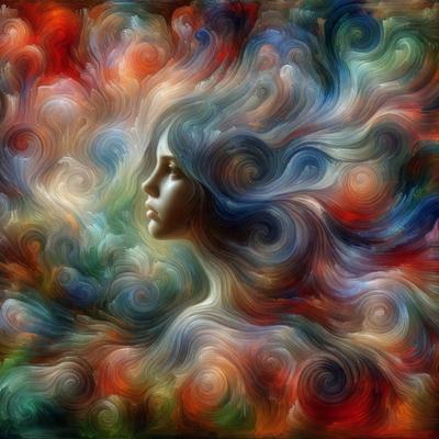 The primary subject of the image is a woman's face, which is the focal point of the artwork. The setting is a colorful, swirling background that adds a vibrant and dynamic atmosphere to the scene. The visual style is a combination of digital art and illustration, creating a unique and captivating piece of art. The colors and mood of the image are predominantly warm and lively, with the woman's face being the central point of interest.